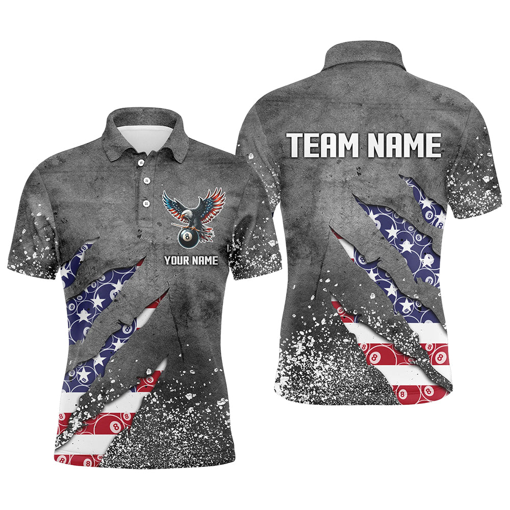 Customized Ball 8 US Flag Grey Grunge Billiard Polo Shirts For Men Best Billiard Team Jersey TDM1351