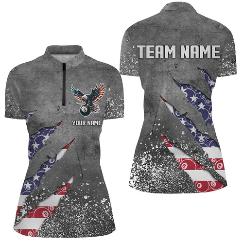 Custom Ball 8 US Flag Grey Grunge Women Billiard Quarter-Zip Shirt Best Billiard Team Jersey TDM1351