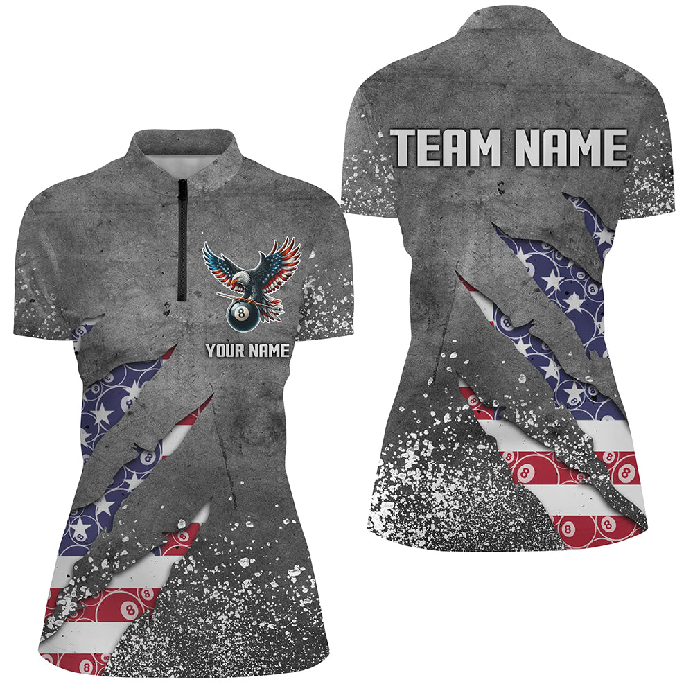 Custom Ball 8 US Flag Grey Grunge Women Billiard Quarter-Zip Shirt Best Billiard Team Jersey TDM1351