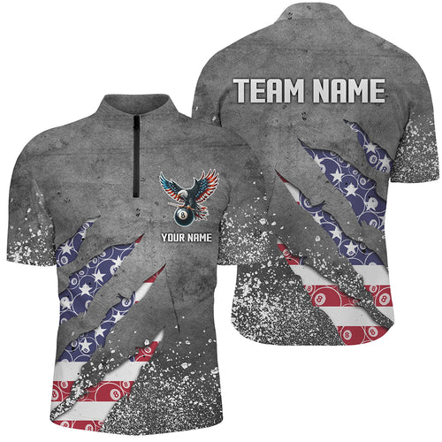 Custom Ball 8 US Flag Grey Grunge Men Billiard Quarter-Zip Shirt Best Billiard Team Jersey TDM1351