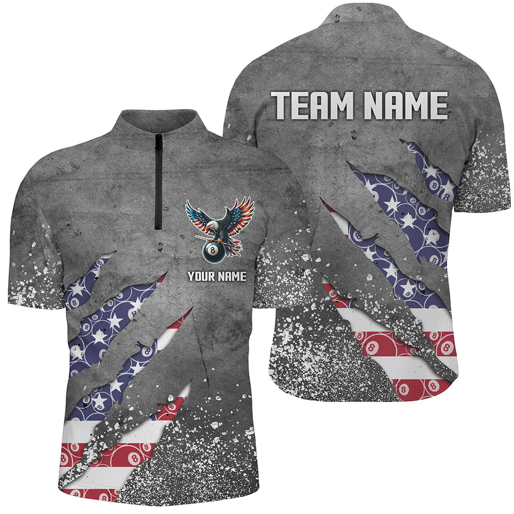 Custom Ball 8 US Flag Grey Grunge Men Billiard Quarter-Zip Shirt Best Billiard Team Jersey TDM1351
