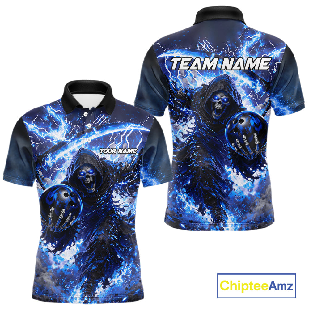 Blue Grim Reaper Fire Smoke Bowling Jersey For Men Custom Bowling Team Shirt Polo & 1/4 Zip TDM6234