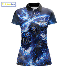 Load image into Gallery viewer, Blue Grim Reaper Fire Smoke Bowling Jersey For Women Custom Bowling Team Shirt Polo &amp; 1/4 Zip TDM6234