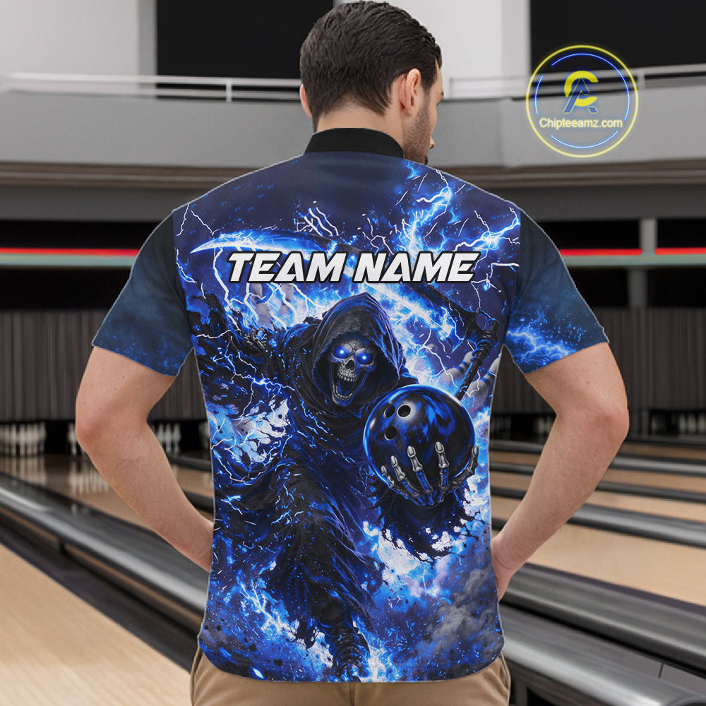 Blue Grim Reaper Fire Smoke Bowling Jersey For Men Custom Bowling Team Shirt Polo & 1/4 Zip TDM6234