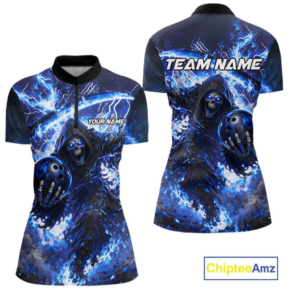 Blue Grim Reaper Fire Smoke Bowling Jersey For Women Custom Bowling Team Shirt Polo & 1/4 Zip TDM6234