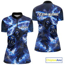 Load image into Gallery viewer, Blue Grim Reaper Fire Smoke Bowling Jersey For Women Custom Bowling Team Shirt Polo &amp; 1/4 Zip TDM6234