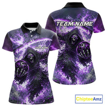 Load image into Gallery viewer, Purple Grim Reaper Fire Smoke Bowling Jersey For Women Custom Bowling Team Shirt Polo &amp; 1/4 Zip TDM6235