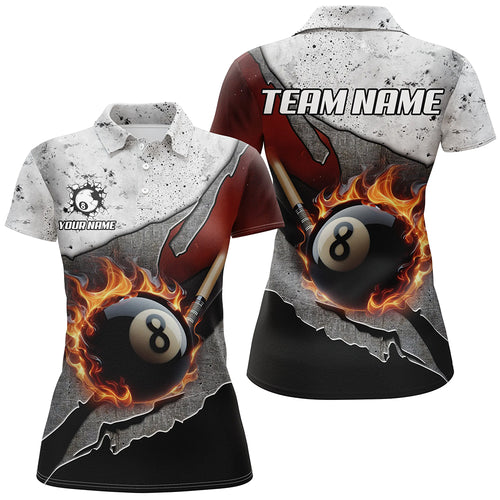 Personalized Grey Grunge Fire 8 Ball Pool  Billiard Women Shirts Custom Pool Player Shirts TDM1567