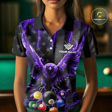 Load image into Gallery viewer, Woman wearing a purple lightning eagle billiard jersey beside a pool table front view.