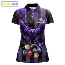 Load image into Gallery viewer, Purple lightning eagle 8 ball billiard polo shirt for women with bold American flag team graphics.