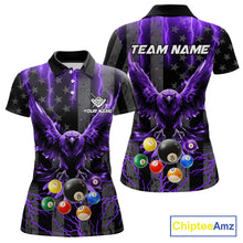 Load image into Gallery viewer, Purple lightning eagle 8 ball billiard polo shirt for women with bold American flag team graphics.