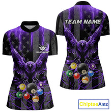 Load image into Gallery viewer, Purple lightning eagle 8 ball billiard quarter zip shirt for women designed for league nights and tournaments.