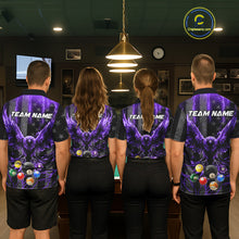Load image into Gallery viewer, Back view of pool players wearing matching purple lightning billiard shirts in a game room.