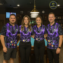 Load image into Gallery viewer, Pool team wearing matching purple lightning eagle billiard jerseys during league play front view.