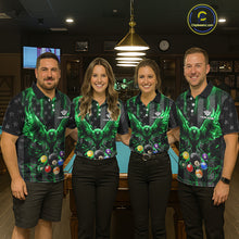 Load image into Gallery viewer, Pool team wearing matching green lightning eagle billiard jerseys during tournaments front view.