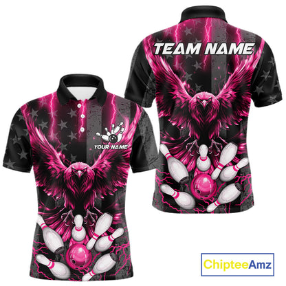 Pink lightning eagle bowling polo shirt for men with patriotic American flag bowling team graphics.