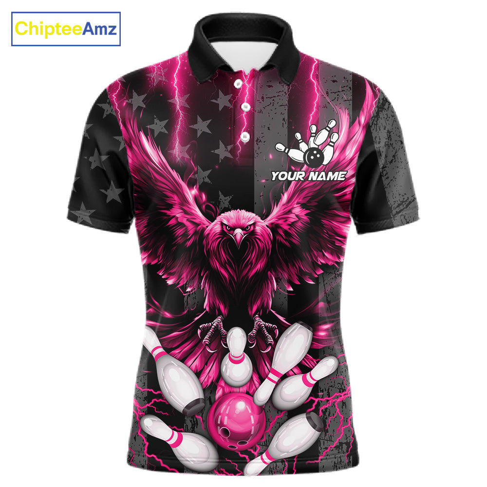 Pink lightning eagle bowling polo shirt for men with patriotic American flag bowling team graphics.
