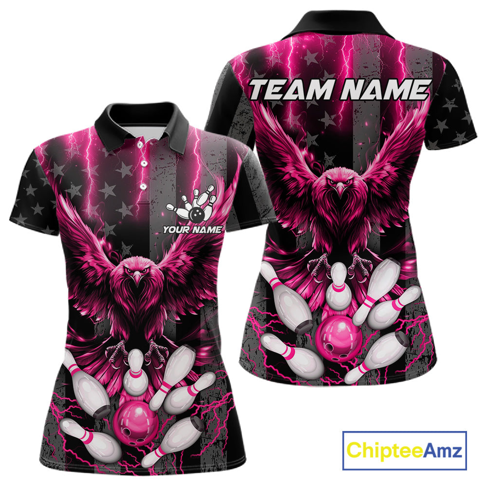Pink lightning eagle bowling polo shirt for women with patriotic American flag bowling team graphics.