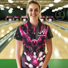 Load image into Gallery viewer, Woman wearing a pink lightning eagle bowling polo shirt at a bowling alley front view.