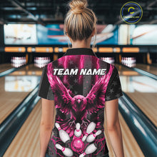 Load image into Gallery viewer, Woman wearing a pink lightning eagle bowling quarter zip jersey during bowling league play back view.