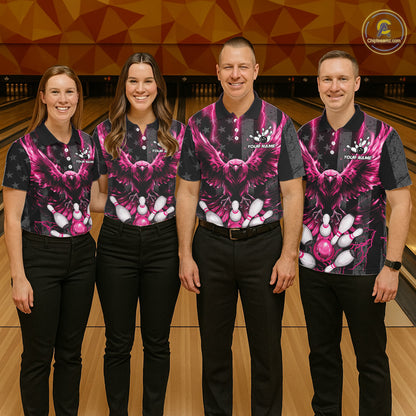 Bowling team wearing matching pink lightning eagle bowling jerseys during league matches front view.