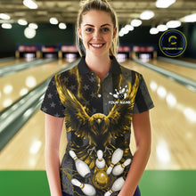 Load image into Gallery viewer, Woman wearing a yellow lightning eagle bowling polo shirt at a bowling alley front view.