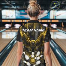Load image into Gallery viewer, Woman wearing a yellow lightning eagle bowling quarter zip jersey during league matches back view.
