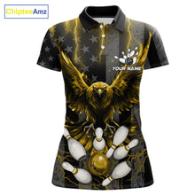 Load image into Gallery viewer, Yellow lightning eagle bowling polo shirt for women with patriotic American flag team graphics.