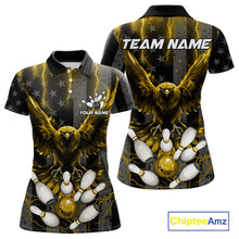 Load image into Gallery viewer, Yellow lightning eagle bowling polo shirt for women with patriotic American flag team graphics.