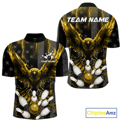 Yellow lightning eagle bowling quarter zip shirt for men designed for league tournaments and team events.