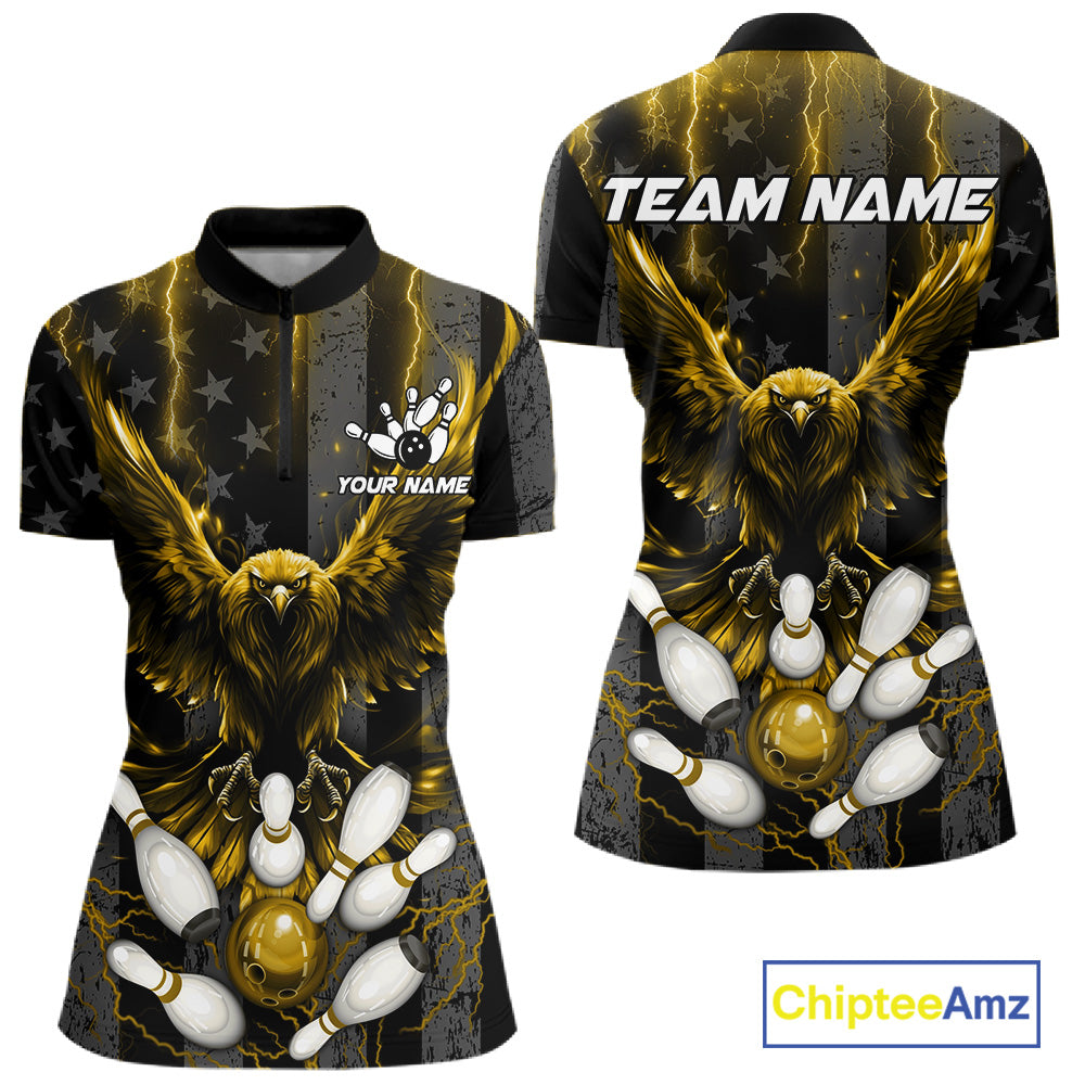 Yellow lightning eagle bowling quarter zip shirt for women designed for league tournaments and team events.