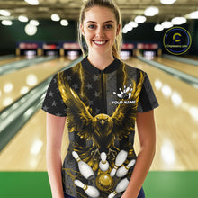 Load image into Gallery viewer, Front view of woman wearing a yellow lightning eagle bowling polo shirt in a bowling alley.