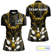 Load image into Gallery viewer, Yellow lightning eagle bowling quarter zip shirt for women designed for league tournaments and team events.