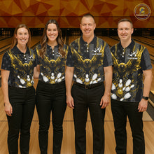 Load image into Gallery viewer, Bowling team wearing matching yellow lightning eagle bowling jerseys during tournaments front view.