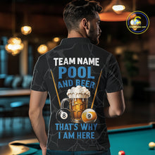 Load image into Gallery viewer, Man wearing Grim Reaper 8 ball and 9 ball pool and beer That's Why I'm Here billiard polo shirt back view.