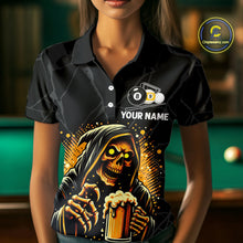 Load image into Gallery viewer, Woman wearing Grim Reaper 8 ball and 9 ball pool and beer That's Why I'm Here billiard polo shirt front view.
