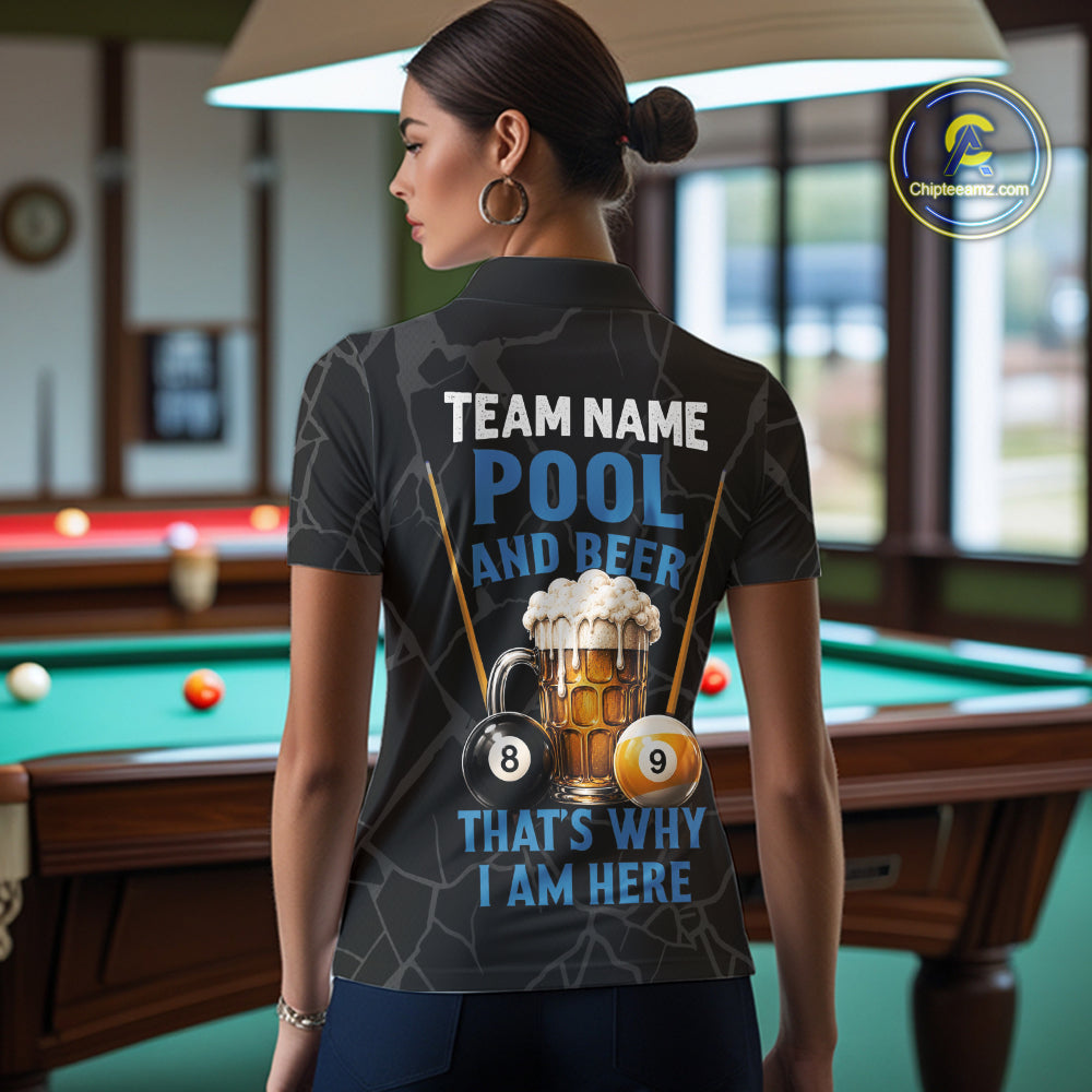 Woman wearing Grim Reaper 8 ball and 9 ball pool and beer That's Why I'm Here billiard polo shirt back view.