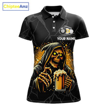 Load image into Gallery viewer, Grim Reaper 8 ball and 9 ball pool and beer That's Why I'm Here custom billiard team jersey polo shirt for women, funny pool league apparel.