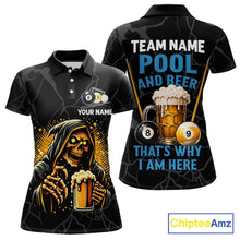Load image into Gallery viewer, Grim Reaper 8 ball and 9 ball pool and beer That's Why I'm Here custom billiard team jersey polo shirt for women, funny pool league apparel.