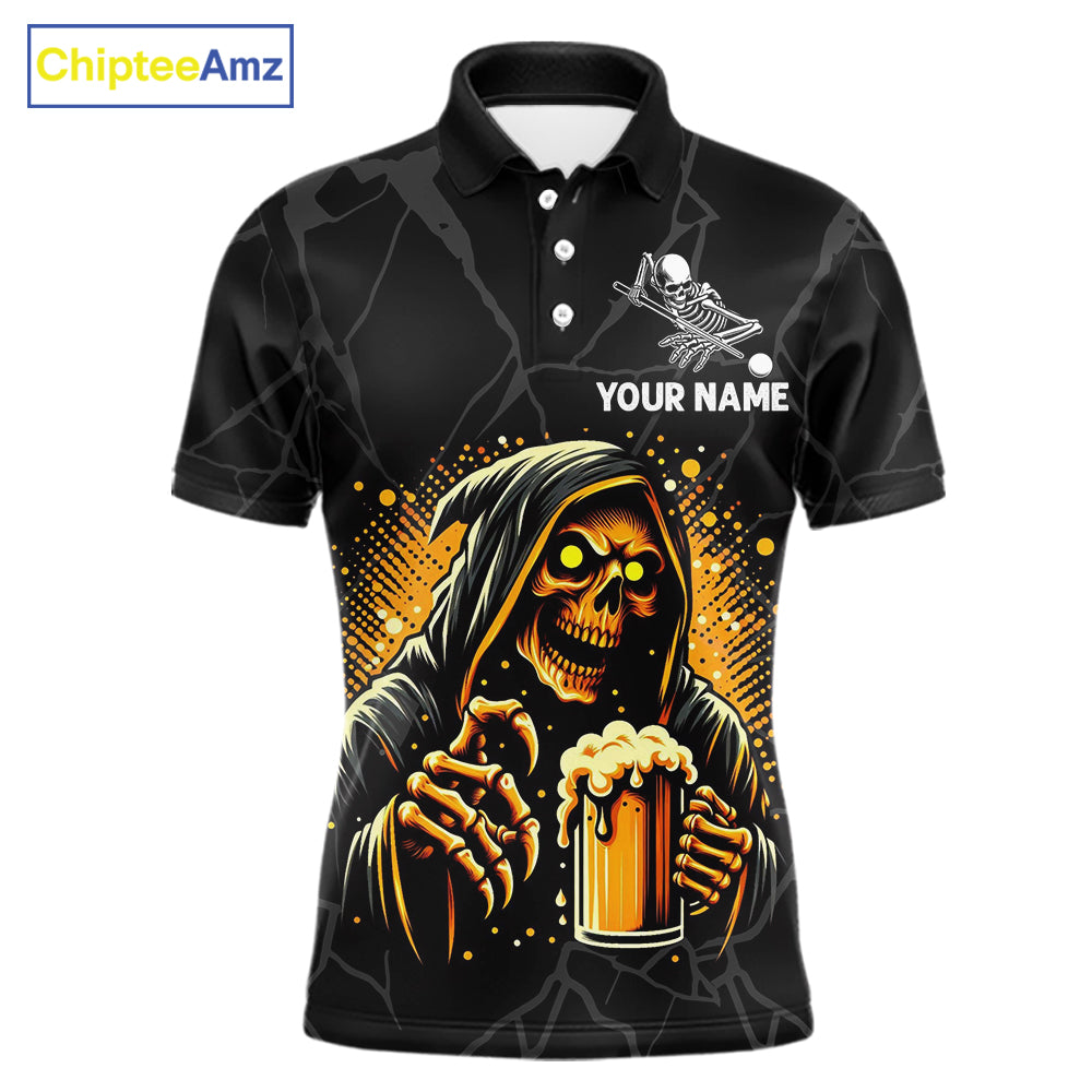Grim Reaper 8 ball pool and beer That's Why I'm Here custom billiard team jersey polo shirt for men, funny pool league apparel.