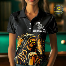 Load image into Gallery viewer, Woman wearing Grim Reaper 8 ball pool and beer That's Why I'm Here billiard polo shirt front view.