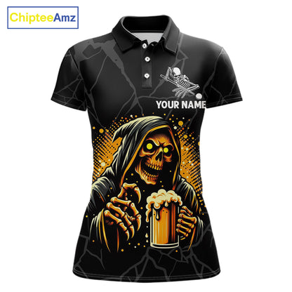 Grim Reaper 8 ball pool and beer That's Why I'm Here custom billiard team jersey polo shirt for women, funny pool league apparel and tournament jersey.