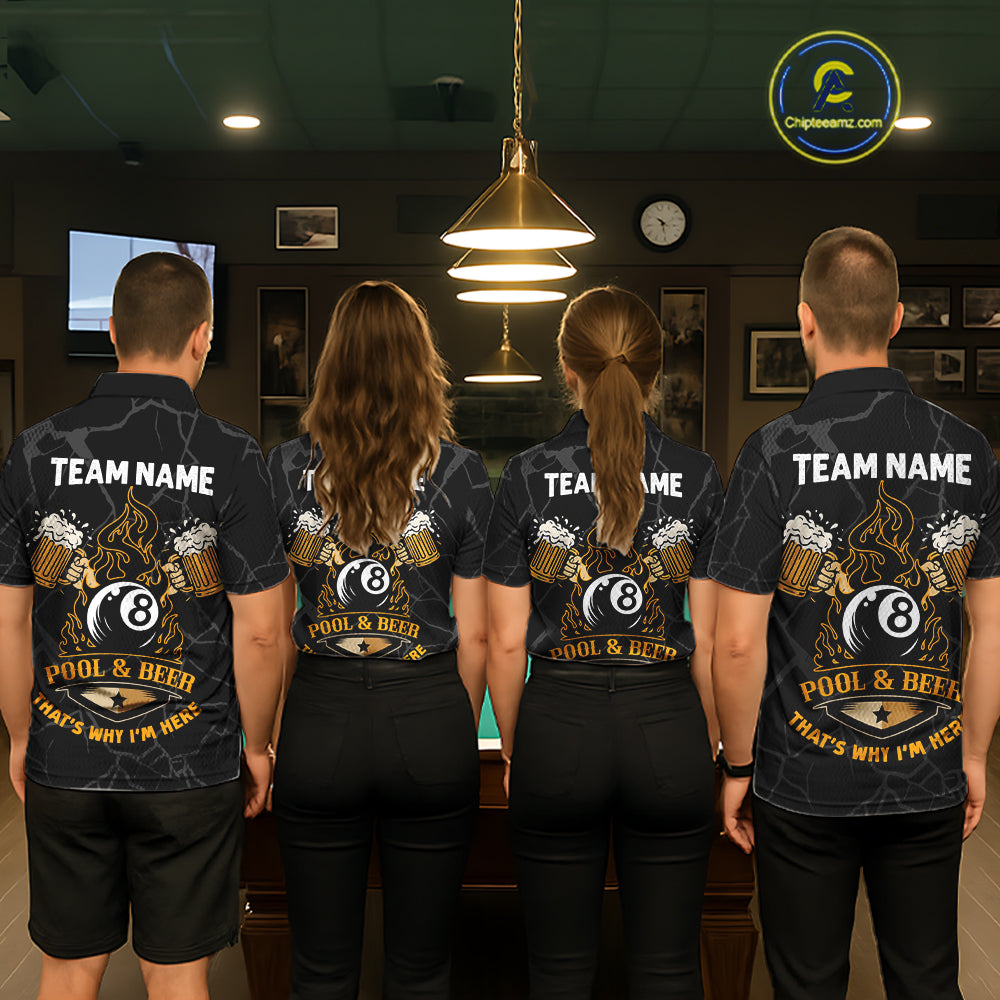 Billiard team wearing matching Grim Reaper 8 ball pool and beer jerseys back view.
