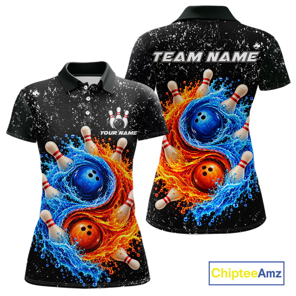 Personalized Water And Fire Bowling Polo, 1/4 Zip Shirts For Women Custom Bowling Team Jersey TDM8071