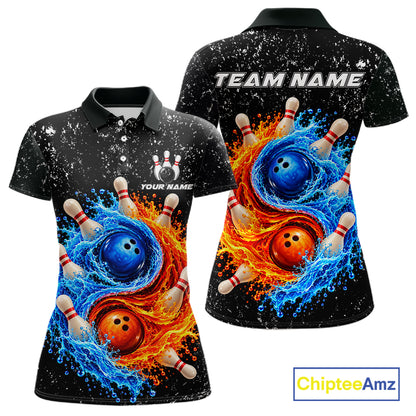 Personalized Water And Fire Bowling Polo, 1/4 Zip Shirts For Women Custom Bowling Team Jersey TDM8071