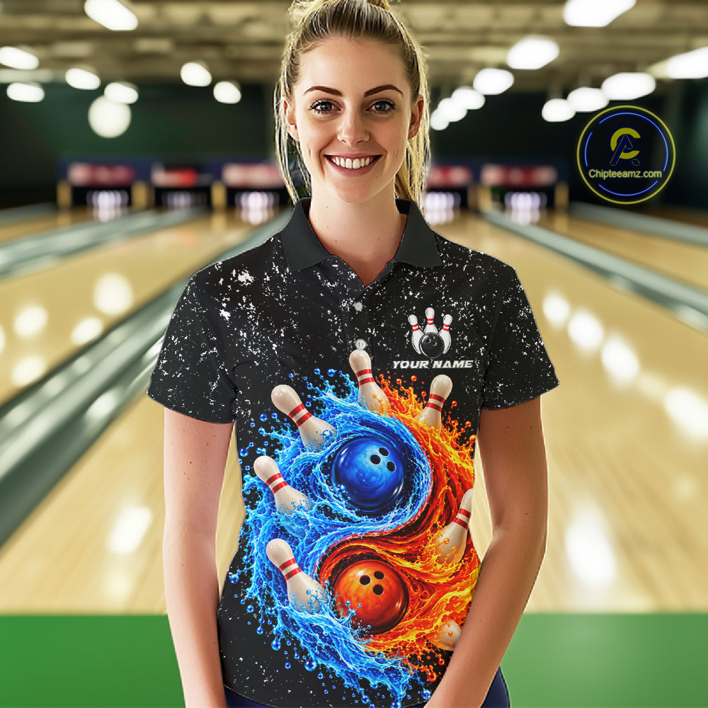 Personalized Water And Fire Bowling Polo, 1/4 Zip Shirts For Women Custom Bowling Team Jersey TDM8071