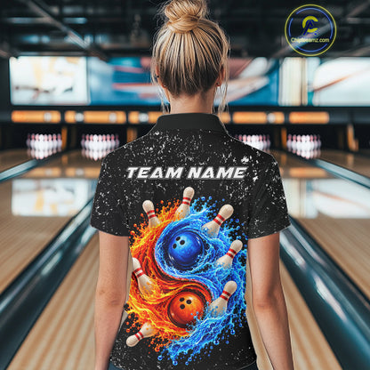 Personalized Water And Fire Bowling Polo, 1/4 Zip Shirts For Women Custom Bowling Team Jersey TDM8071