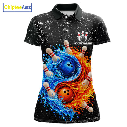 Personalized Water And Fire Bowling Polo, 1/4 Zip Shirts For Women Custom Bowling Team Jersey TDM8071