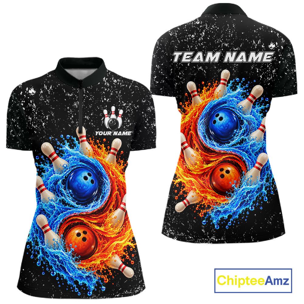 Personalized Water And Fire Bowling Polo, 1/4 Zip Shirts For Women Custom Bowling Team Jersey TDM8071