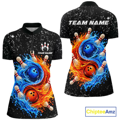 Personalized Water And Fire Bowling Polo, 1/4 Zip Shirts For Women Custom Bowling Team Jersey TDM8071
